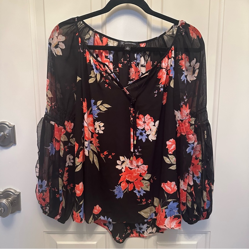 INC Women’s Black Floral Tie Front 3/4 Sleeve Blouse, Size M